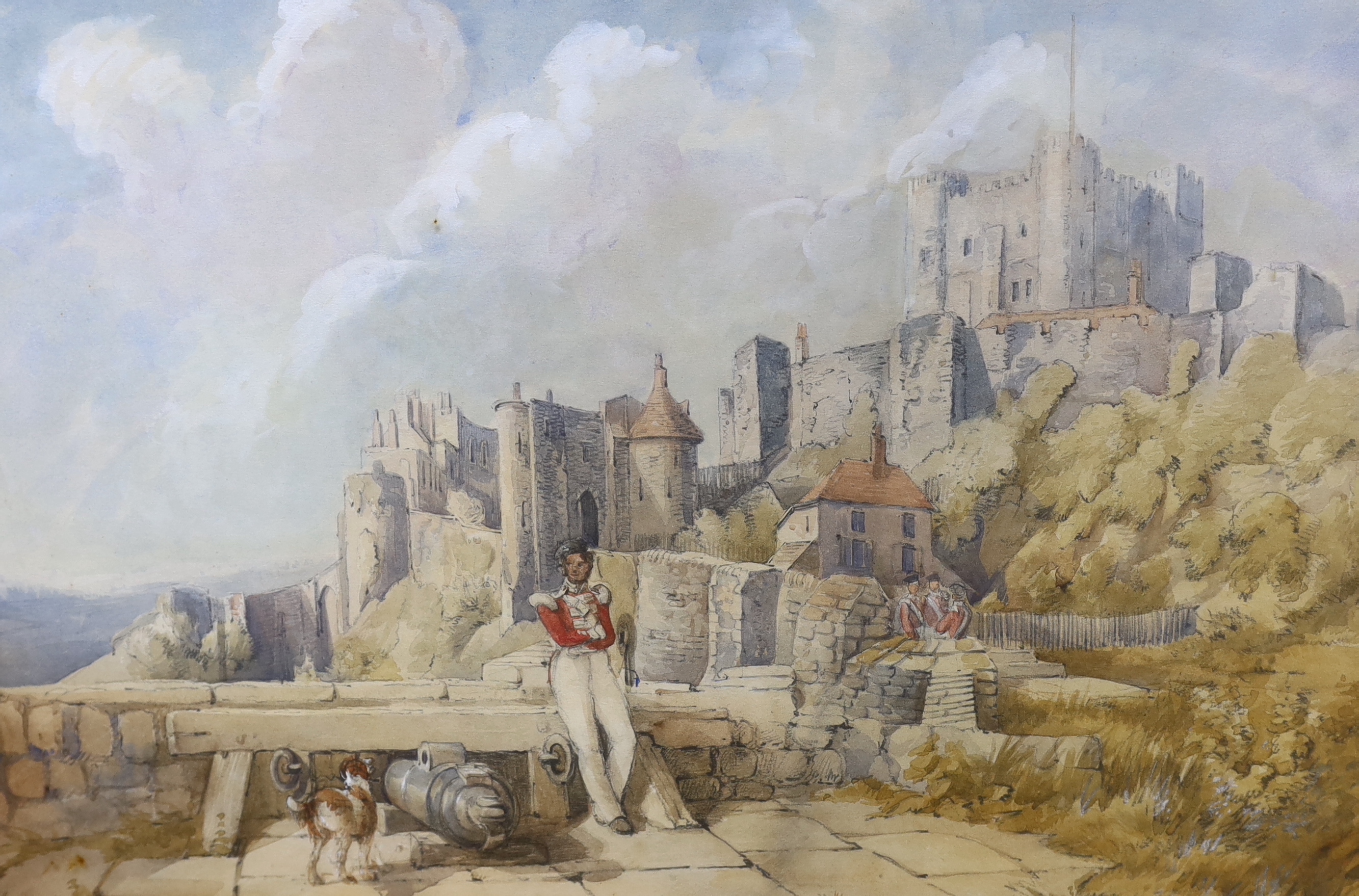 Attributed to William Heath (1795-1840), set of four watercolours, Views around Dover, including the Castle and another of East Barnet, the latter inscribed verso and dated 1837, 29 x 44cm